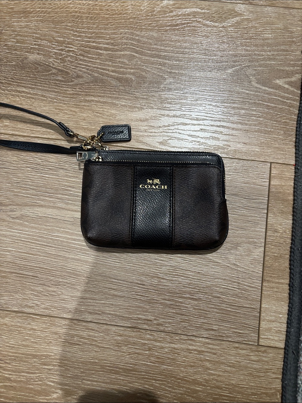 Coach Black and Dark Brown Leather Wristlet Pouch